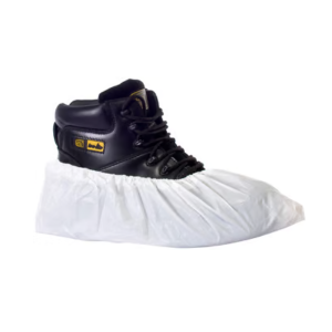 A white shoe covering used on a black boot
